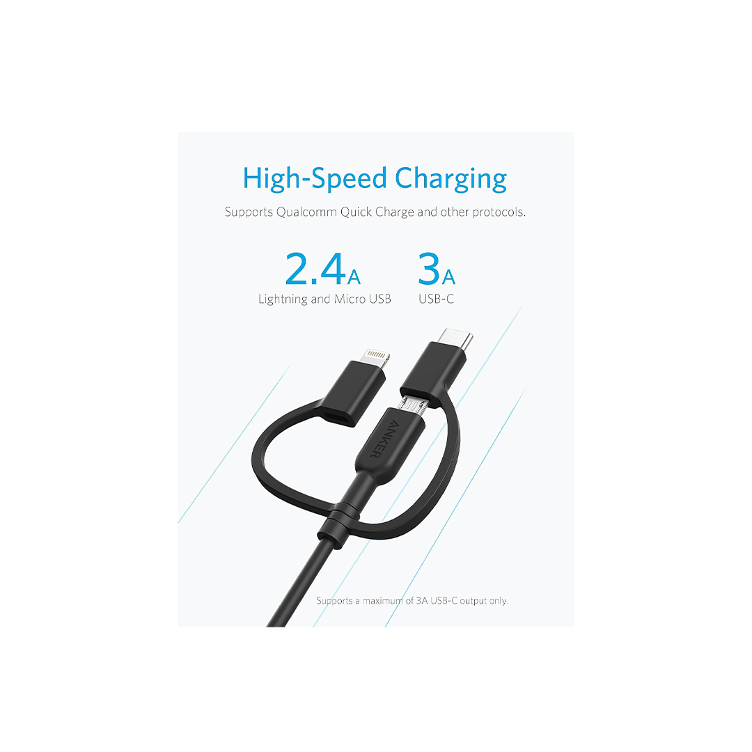 Anker 3-in-1 USB-A to Micro-USB, USB-C, Lightning MFI Certified Fast Charging Cable 3ft - Black in Qatar Anker 3-in-1 USB-A to Micro-USB, USB-C, Lightning MFI Certified Fast Charging Cable 3ft - Black in Qatar
